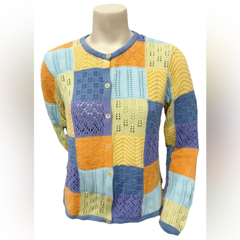 Talbots Women’s M Cardigan Sweater Patchwork Knit 100% Cotton Color Block USA